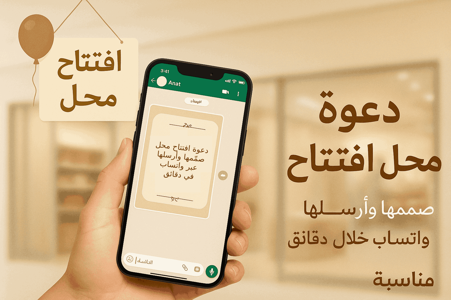 دعوة افتتاح محل جاهزة للتعديل عبر واتساب